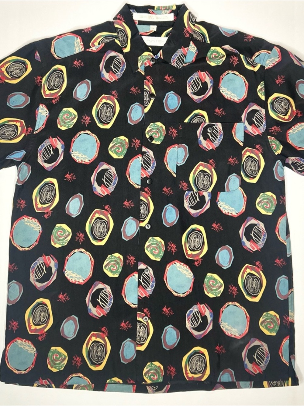Vintage Axis 100% Silk Black Abstract Oriental Print Button-Up Shirt Size M